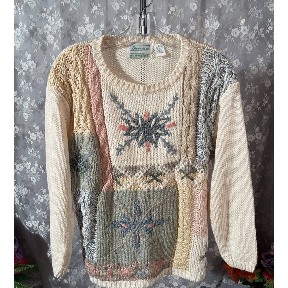 Vintage 90s Snowflake Sweater Size Medium Ramie Knit Winter Nordic Fair Isle